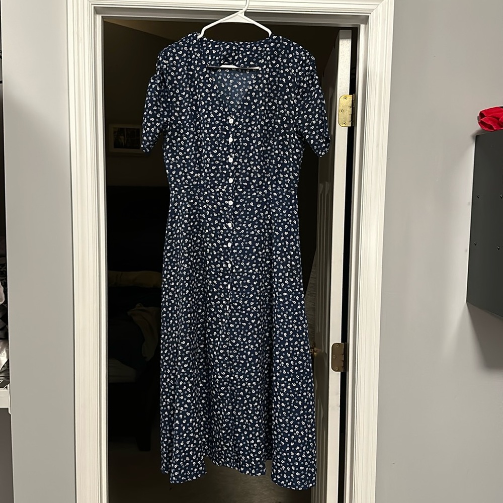 Blue and white Floral, midi, button up dress. Excellent condition.